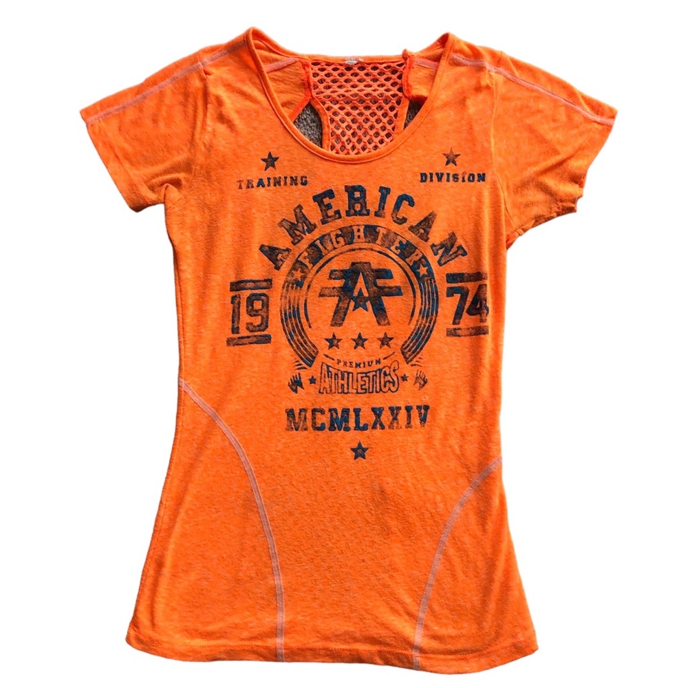 EUC American Fighter Medium T Shirt Women Short Sleeve Neon Orange and Blue